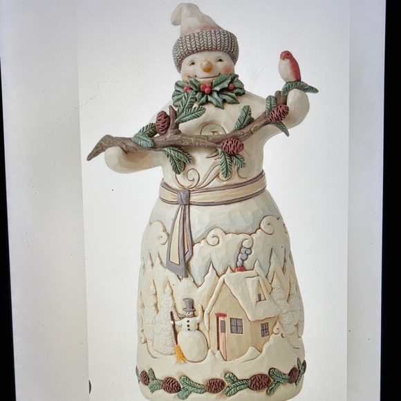 Jim Shore White Woodland Snowman with pinecone garland NEW...